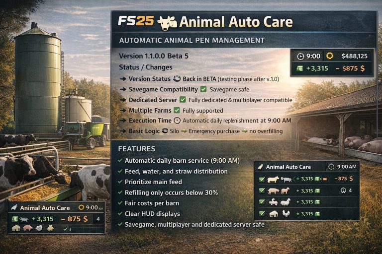 FS25 Auto Animal Care Beta v1.2.0.0 Mod - Farming Simulator 25